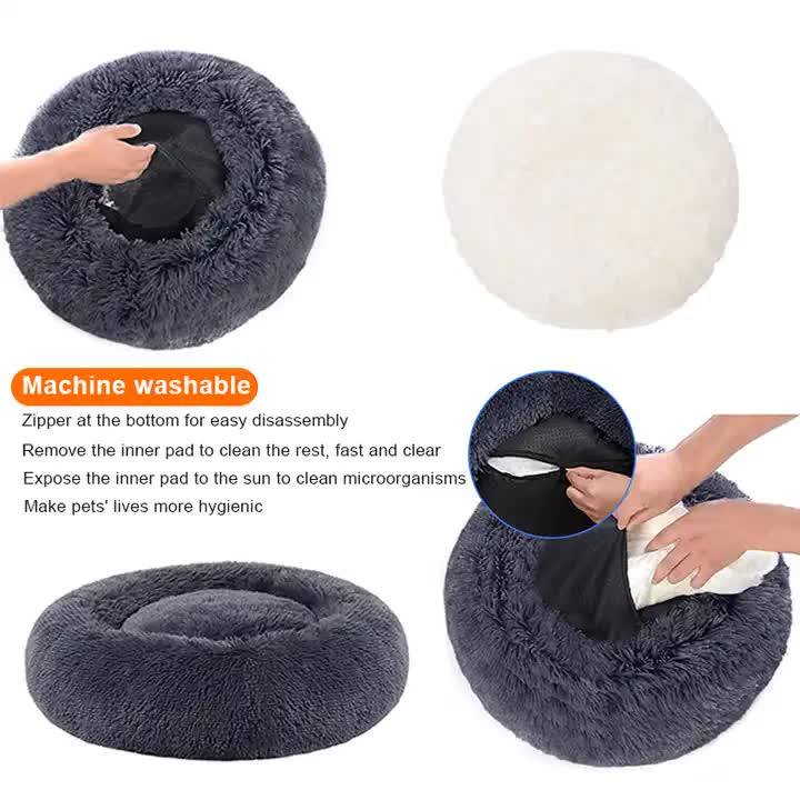 Calming Donut Pet Bed -Soft Faux Fur, Anti-Anxiety Fluffy Round Bed for Cats and Small Dogs (Coffee)40cm