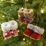 Knitted Christmas Boot Ornaments with Faux Fur Trim - Set of 3 Hanging Decorations