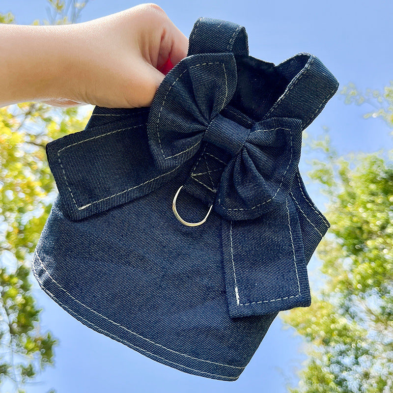 Pet Denim Harness Dress Set (2 Pieces) - XL Size (52cm Chest for 10-14 lb Pets) with T-Shirt and Skirt, Bow,and Leash Ring