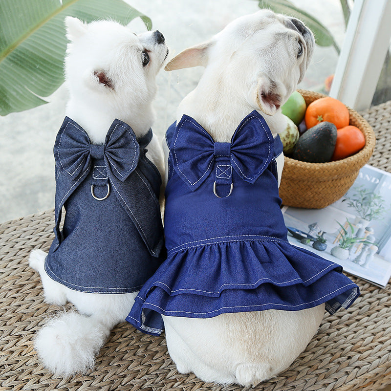 Pet Denim Harness Dress Set (2 Pieces) - 2XL Size (60cm Chest for 14-20 lb Pets) with T-Shirt and Skirt, Bow,and Leash Ring