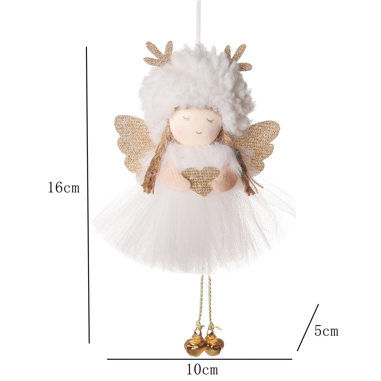 Gold and White Angel Ornament with Bells and Glitter Wings - Christmas Hanging Decoration 16*10*5cm  White colour (5 pieces)