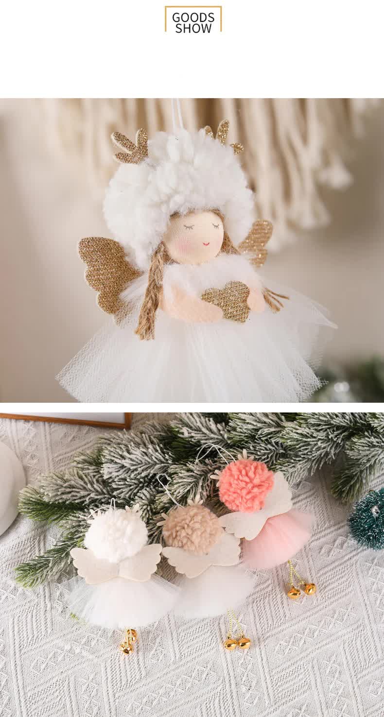 Gold and White Angel Ornament with Bells and Glitter Wings - Christmas Hanging Decoration 16*10*5cm  White colour (5 pieces)