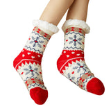 Festive Plush Christmas Socks , Warm Winter Slipper Socks with Snowflake Pattern, Non-slip floor socks Red Snowflake