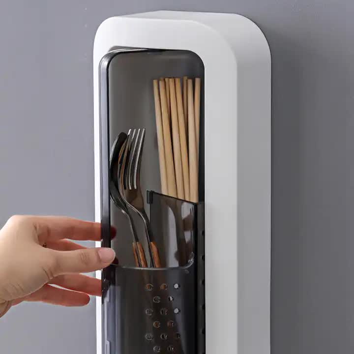 Wall-Mounted Utensil Holder with Dustproof and Insect-Resistant Cover 15cm(L)*6.5cm(D)*32cm(H)(Grey)