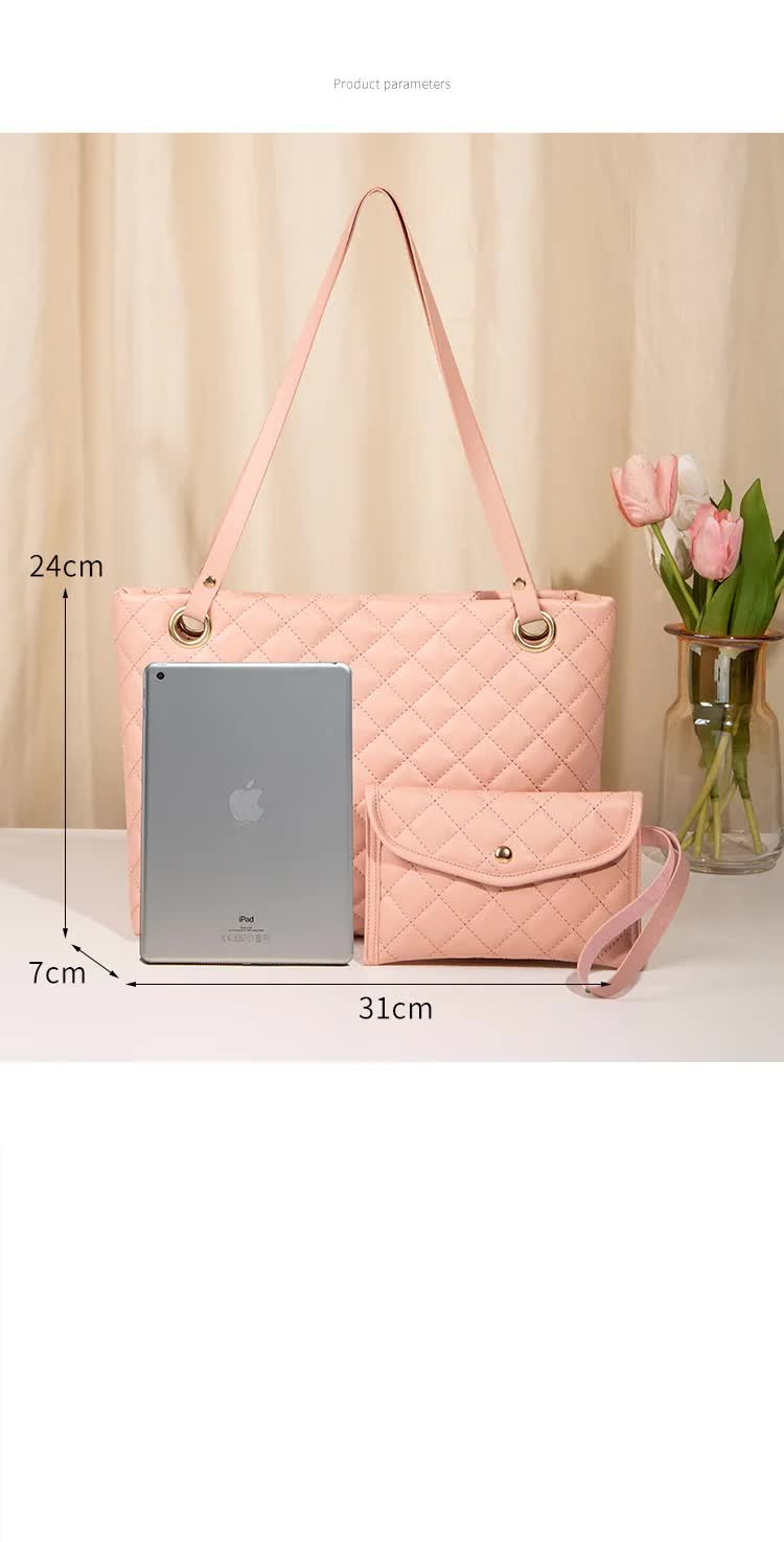 Elegant Quilted Tote Bag with Matching Clutch in Soft Pink