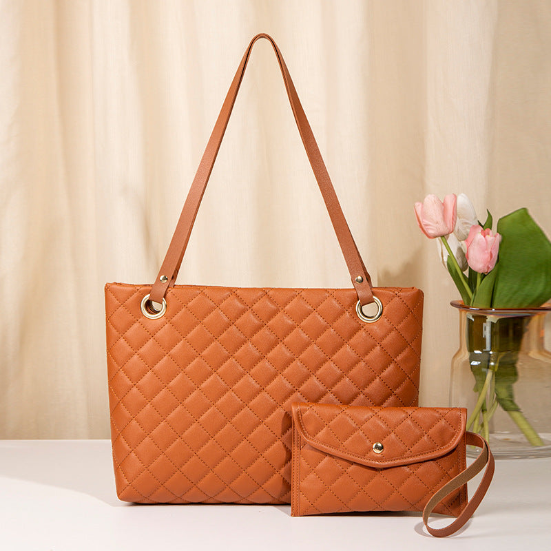 Elegant Quilted Tote Bag with Matching Clutch in  Brown