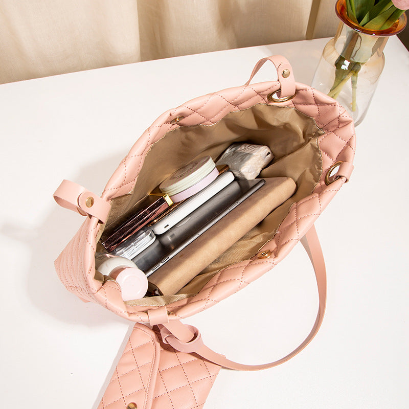 Elegant Quilted Tote Bag with Matching Clutch in  Brown