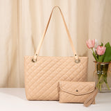 Elegant Quilted Tote Bag with Matching Clutch in Apricot