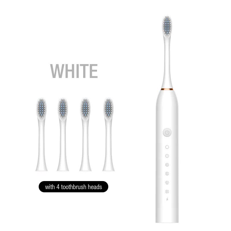 X-3 Sonic Electric Toothbrush, 4 Replacement Brush Heads, and USB Charging Cable - Sleek White Design