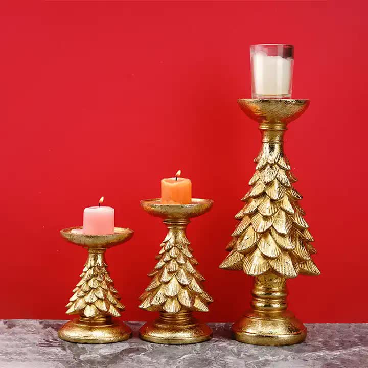 Gold Christmas Tree Candle Holder - Elegant Resin Pillar Stand, 12cm Festive Decoration