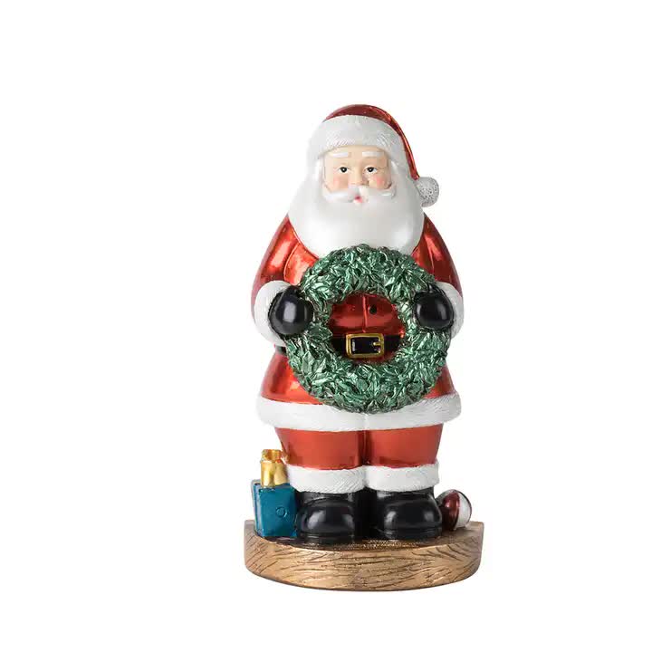 Santa Claus Figurine with Wreath - 18cm Festive Resin Christmas Decoration