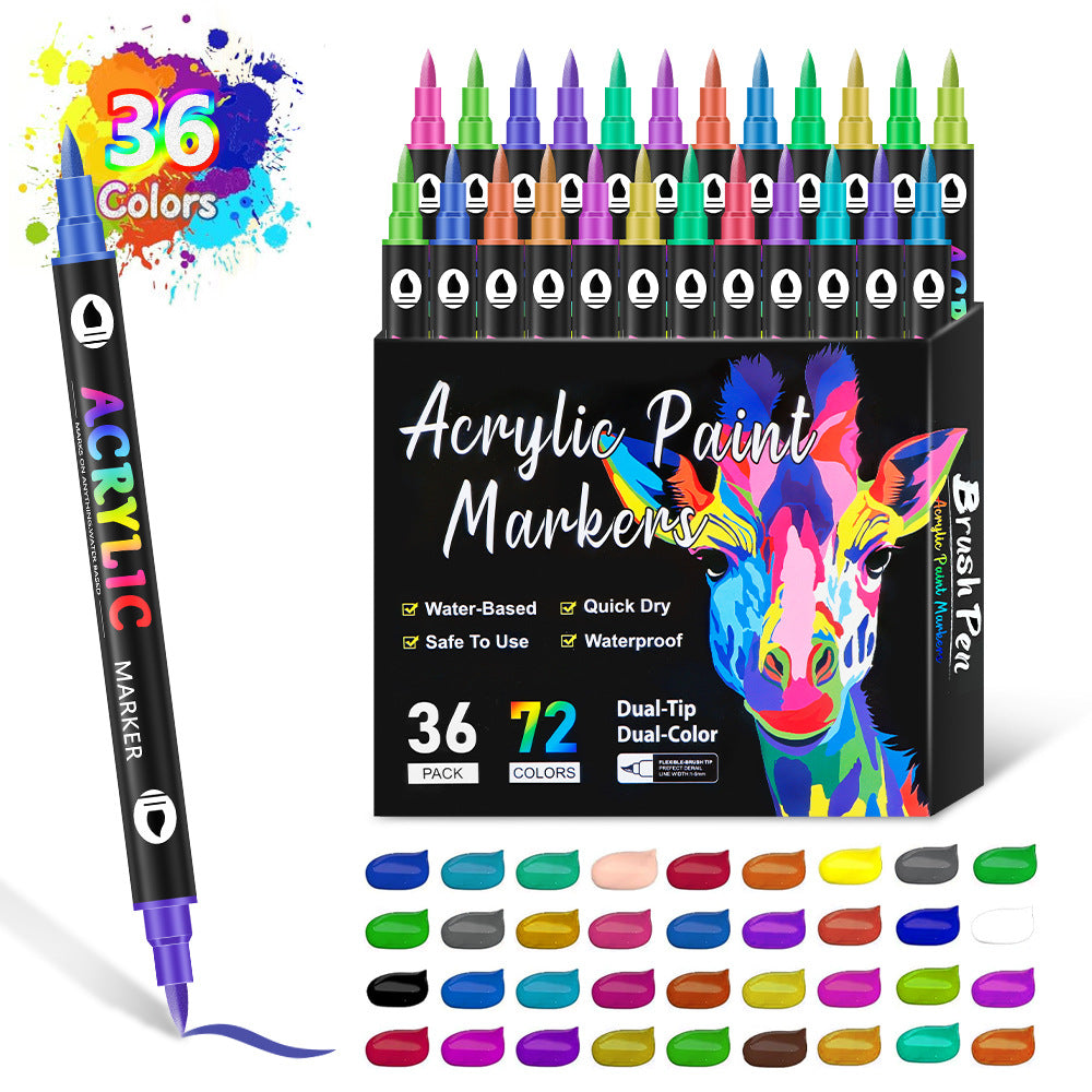 36-Pack Dual-Tip Acrylic Paint Markers - 72 Vibrant Colors, Waterproof & Quick-Dry for Art Projects