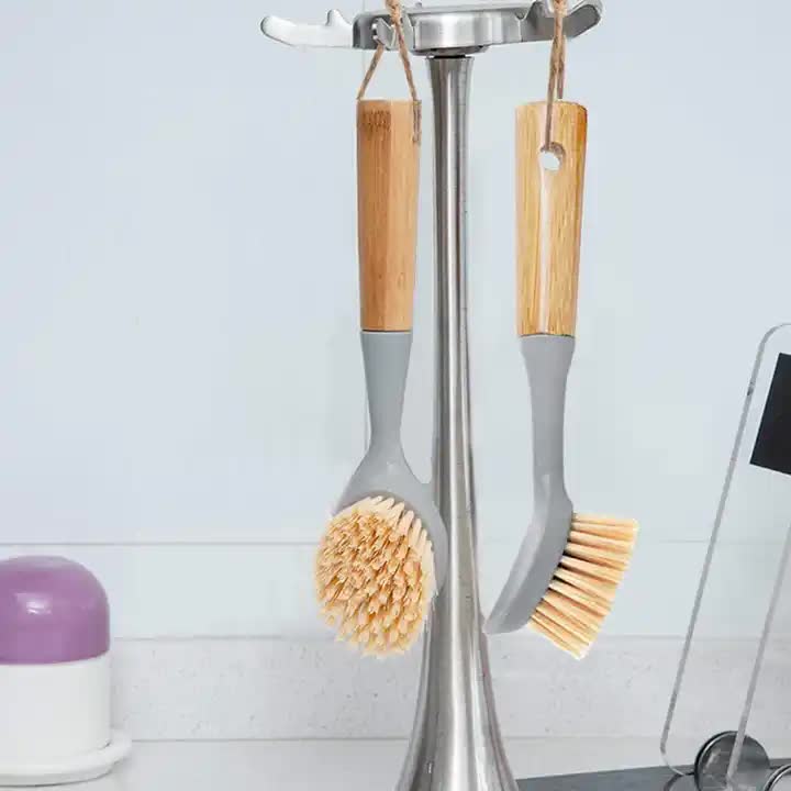 Eco-Friendly Dish Scrub Brush Set - Gray 2 PCS, Natural Bamboo Handle with Durable Bristles, Random Rope Color