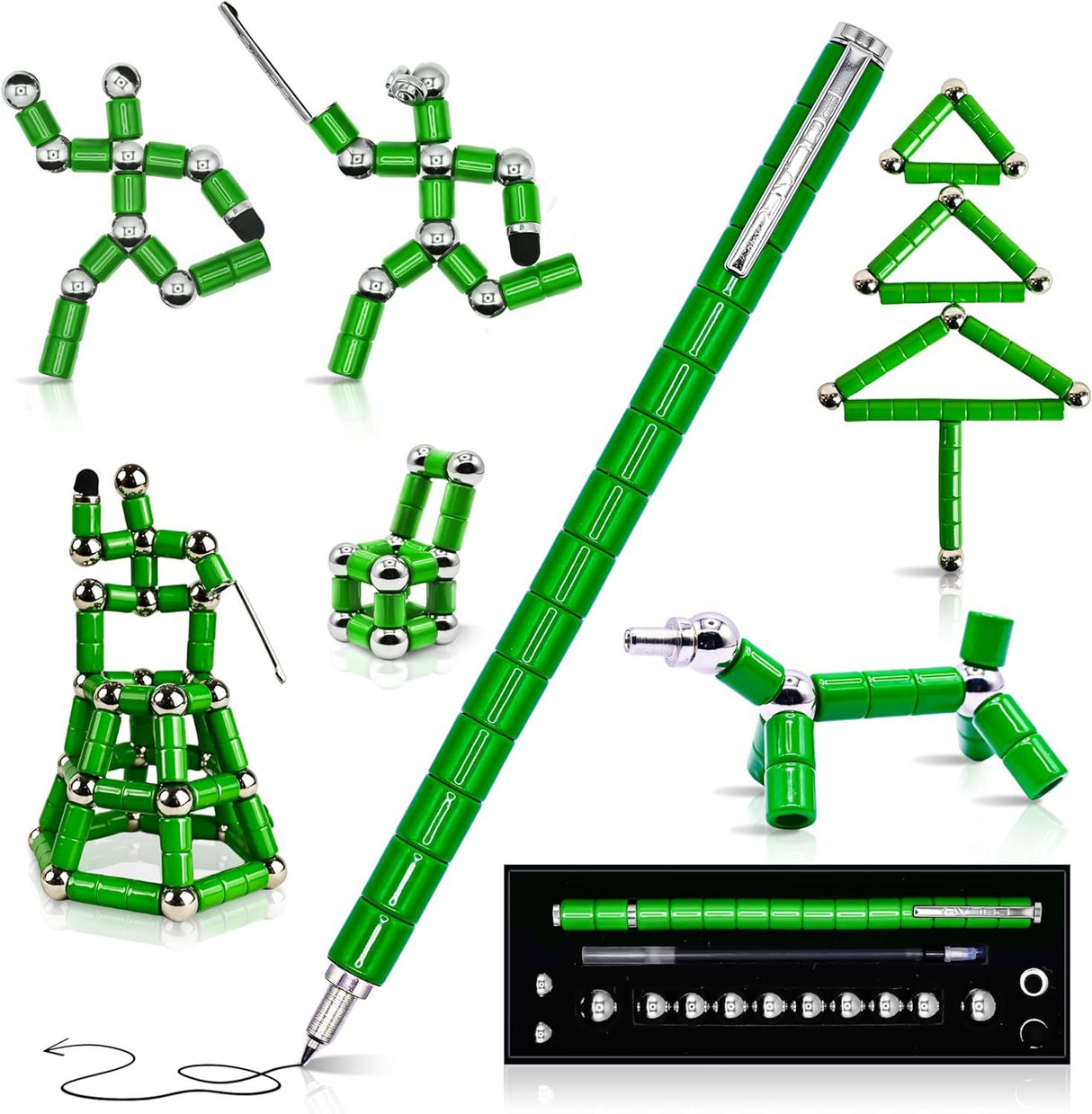 (2 set) Magnetic Fingertip Pen Building Toy Set - Multifunctional Green Magnet Pen with Creative Building Blocks and Replacement Refills