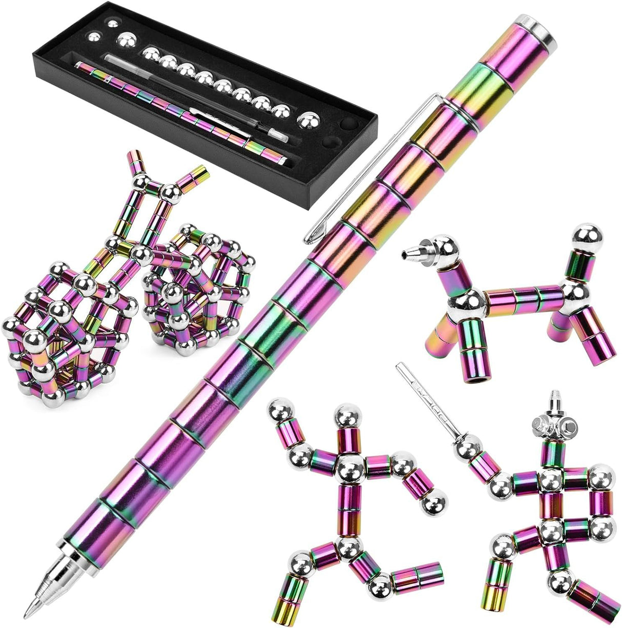 (2 set) Magnetic Fingertip Pen Building Toy Set - Multifunctional Rainbow Magnet Pen with Creative Building Blocks and Replacement Refills