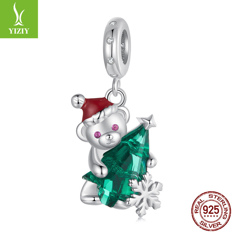 Sterling Silver Santa Bear Pendant - Holiday Pendant with Green Christmas Tree and Santa Hat Design(weighs approximately 2.8g)