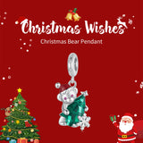 Sterling Silver Santa Bear Pendant - Holiday Pendant with Green Christmas Tree and Santa Hat Design(weighs approximately 2.8g)