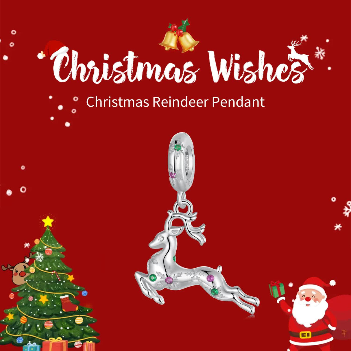 Sterling Silver Reindeer Charm - Festive Christmas Pendant with Colorful  Accents (weighs approximately 2g)