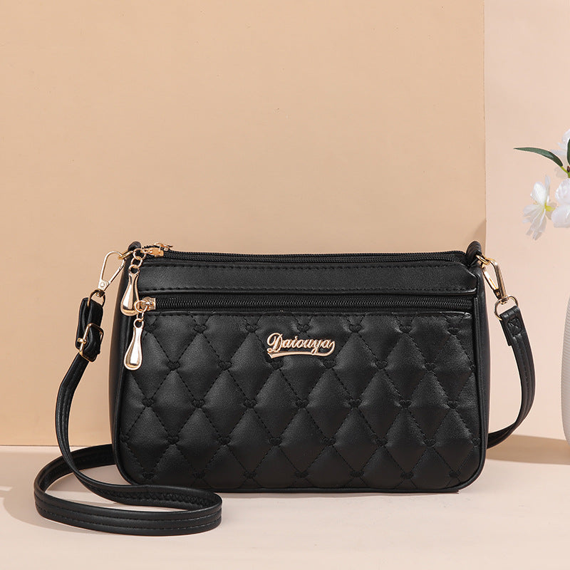 Black PU Leather Quilted Crossbody Bag for Women - Compact Multi-Compartment Shoulder Purse