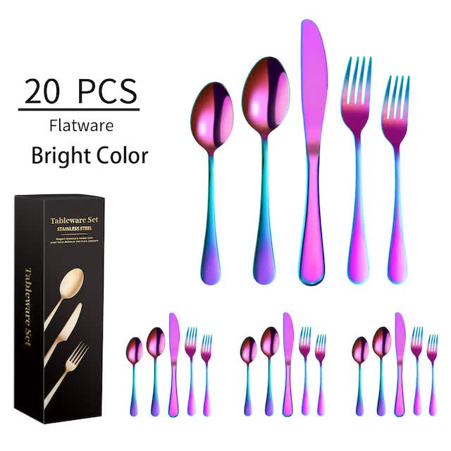 Bright color 410 Stainless Steel Cutlery Set - Western Steak Knife, Fork & Spoon Set, 4 Set/20-Piece Dinnerware Set