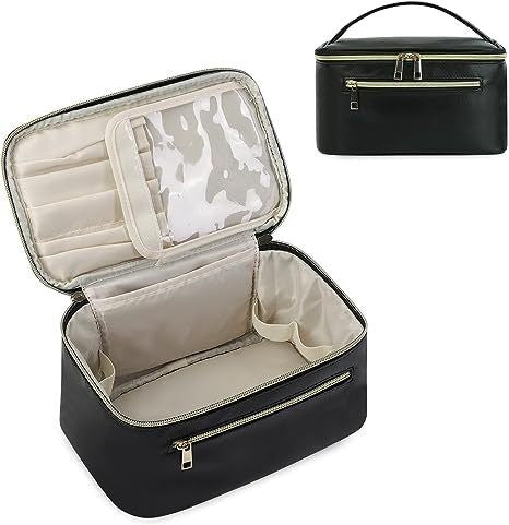 Black PU Leather Large Capacity Makeup Bag - Waterproof & Multifunctional Handbag for Women