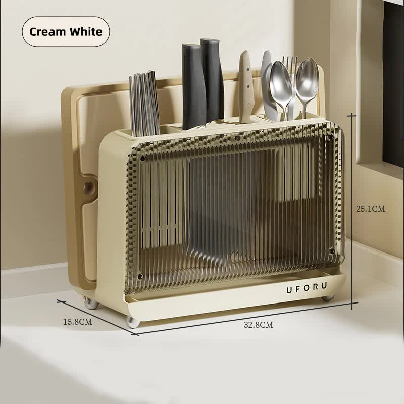 Cream White Multifunctional Kitchen Knife Holder - Integrated Storage Rack for Knives, Chopsticks, and Cutting Boards