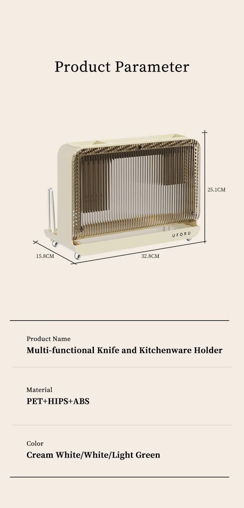 Cream White Multifunctional Kitchen Knife Holder - Integrated Storage Rack for Knives, Chopsticks, and Cutting Boards