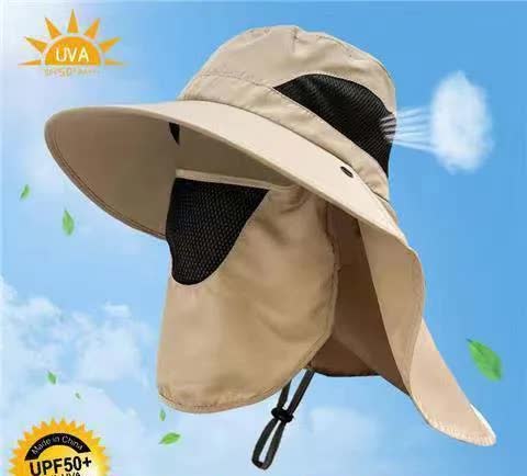 khaki Outdoor UV Protection Hat for Men - Detachable Face & Neck Shield, Large Brim Sun Hat for Fishing, Hiking, and Outdoor Activities