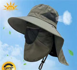 Military Green Outdoor UV Protection Hat for Men - Detachable Face & Neck Shield, Large Brim Sun Hat for Fishing, Hiking, and Outdoor Activities