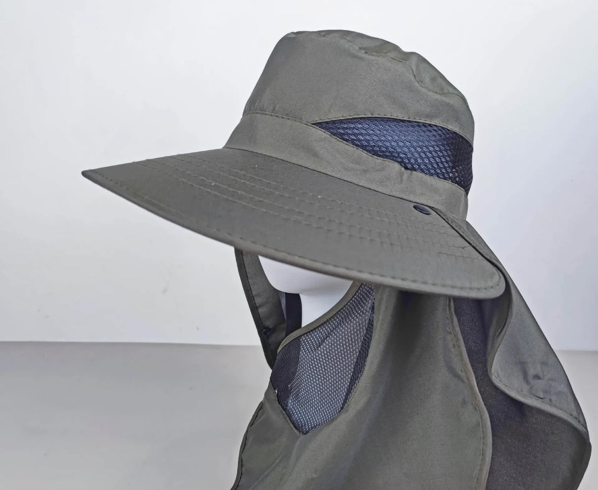 Light Gray Outdoor UV Protection Hat for Men - Detachable Face & Neck Shield, Large Brim Sun Hat for Fishing, Hiking, and Outdoor Activities