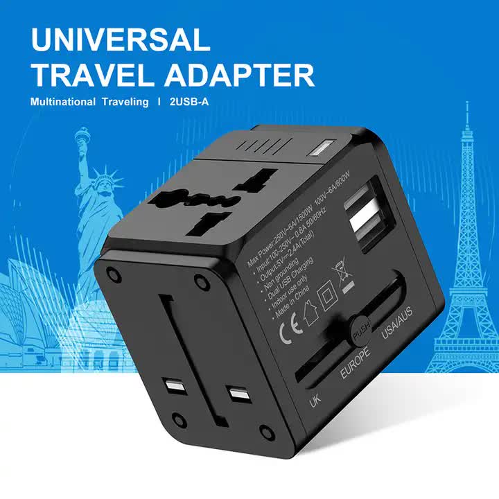 Dual USB Global Travel Adapter with 2.4A Current – Universal Plug Socket, Multi-Function Travel Power Adapter for Worldwide Use