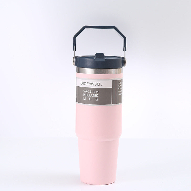 Pink 30oz 304 Stainless Steel Ice Cup with Handle - Portable Car and Travel Cup, Double Insulated, for Hot & Cold Drinks