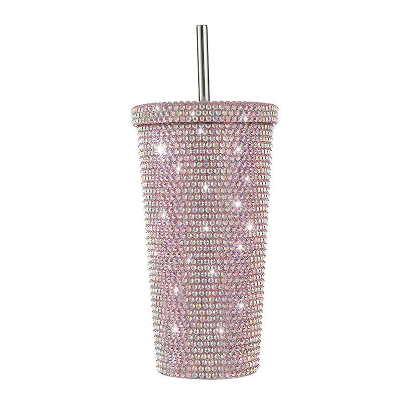 Pink Diamond-Inlaid Insulated 304 Stainless Steel Cup with Straw - Double-Walled, Rhinestone Coffee Mug, Gift Cup for Beverages