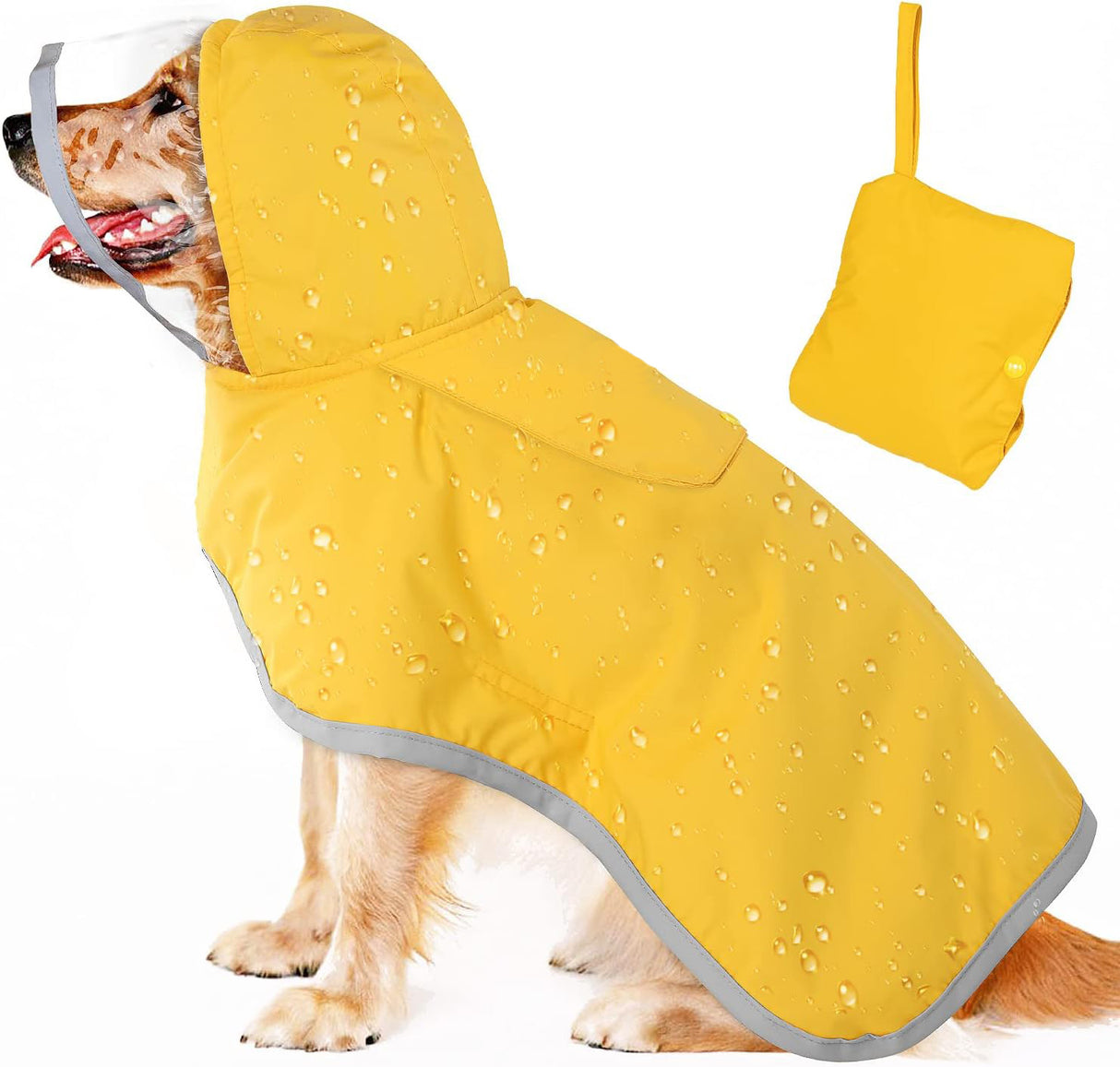 M Yellow Reflective Adjustable Pet Raincoat with Hood - Waterproof Dog Jacket, Adjustable Dog Poncho for Outdoor Protection