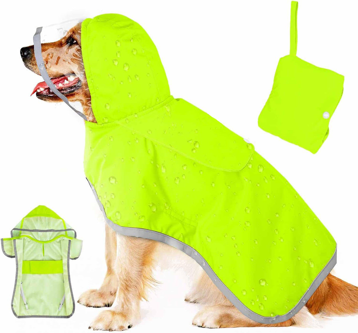 XS Green Reflective Adjustable Pet Raincoat with Hood - Waterproof Dog Jacket, Adjustable Dog Poncho for Outdoor Protection