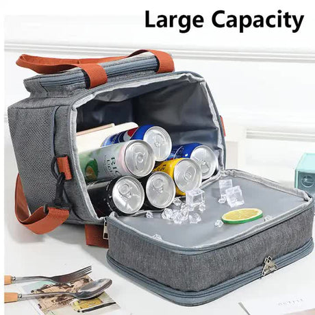 Black Large Capacity Lunch Bag - Dual-Layer Insulated Cooler Bag for Outdoor, Picnic, and Work Use