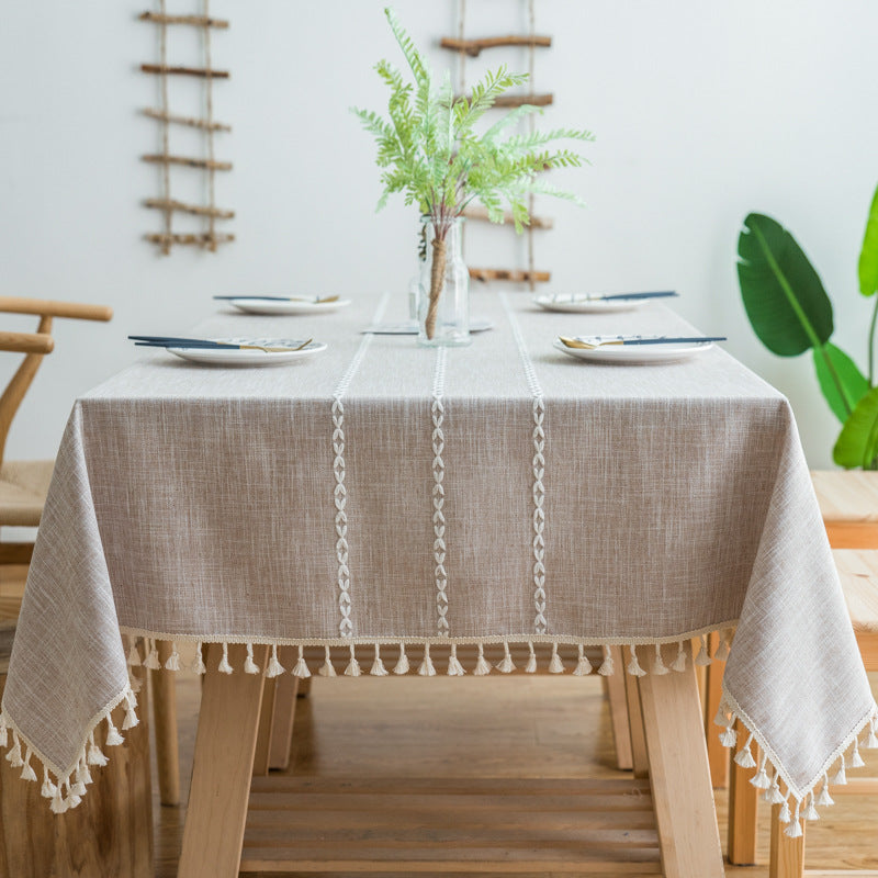 140*90cm Beige Striped Cotton Linen Embroidered Tassel Tablecloth - European & American Pastoral Style for Restaurants