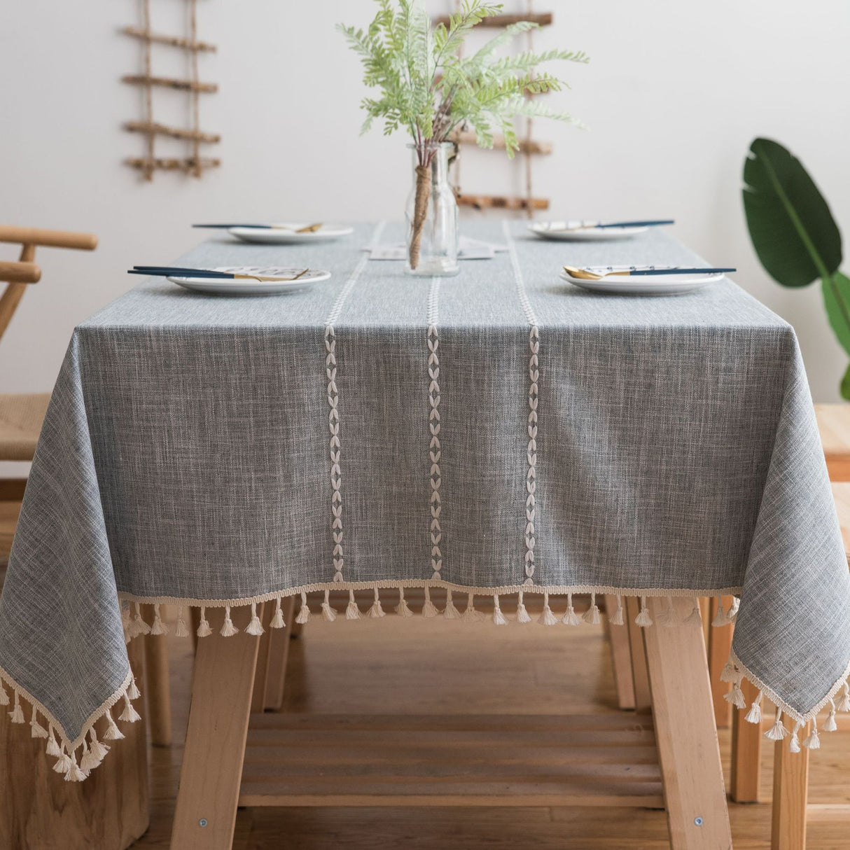 160*100cm Grey Striped Cotton Linen Embroidered Tassel Tablecloth - European & American Pastoral Style for Restaurants