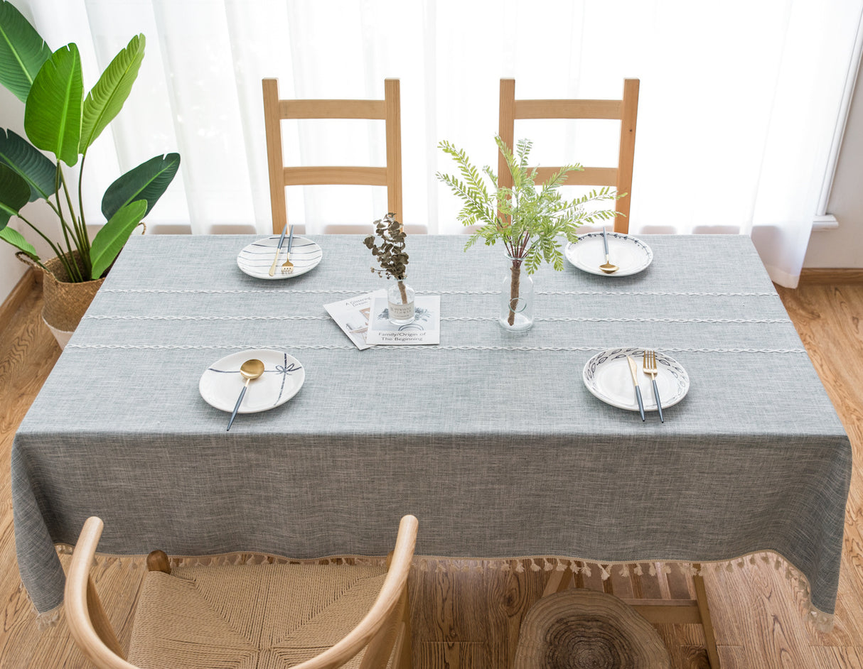 160*100cm Beige Striped Cotton Linen Embroidered Tassel Tablecloth - European & American Pastoral Style for Restaurants