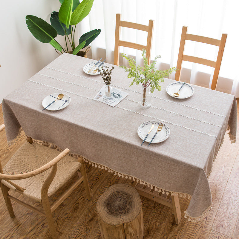 140x200cm Beige Striped Cotton Linen Embroidered Tassel Tablecloth - European & American Pastoral Style for Restaurants