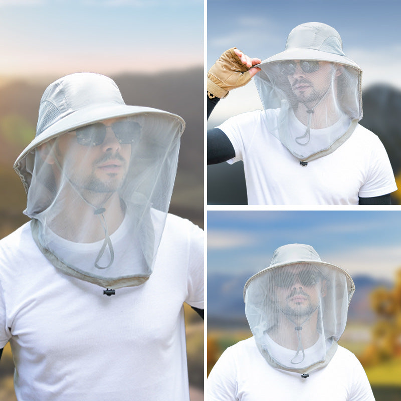 Khaki Outdoor Mosquito-Proof Hat with Face Shield - Breathable Fishing Hat for Men, UV Protection Mesh Mask