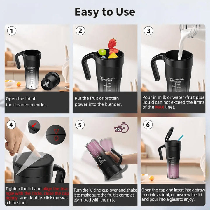 Black Portable Juicer Cup with Straw, USB Rechargeable 6-Blade Blender, Multi-Function Juice Maker for Travel and Outdoor Use