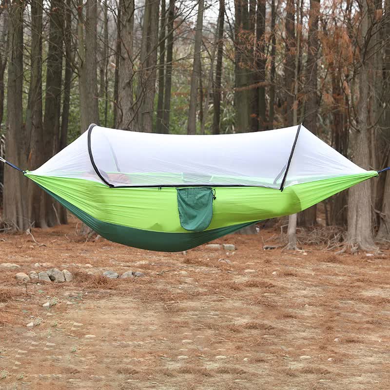 Green Outdoor Camping Hammock with Mosquito Net, Anti-Tip Nylon Fabric, Single/Double Person Quick-Setup Hammock