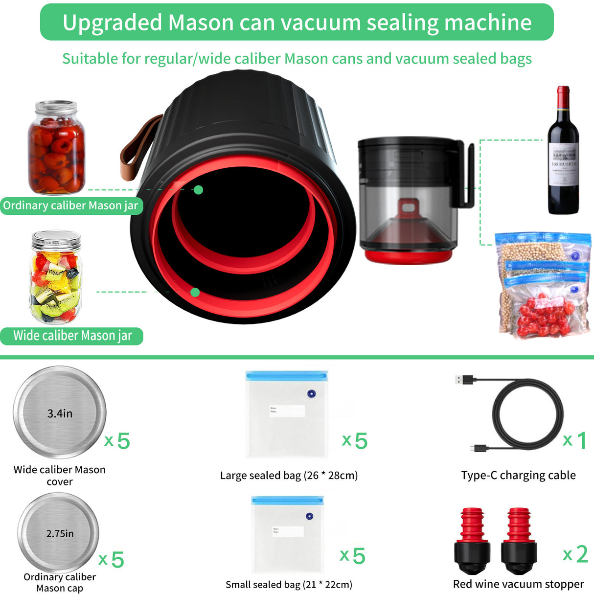 Electric Mason Jar Vacuum Sealer Kit - Automatic Food Preservation System with Wine Stopper & Bags