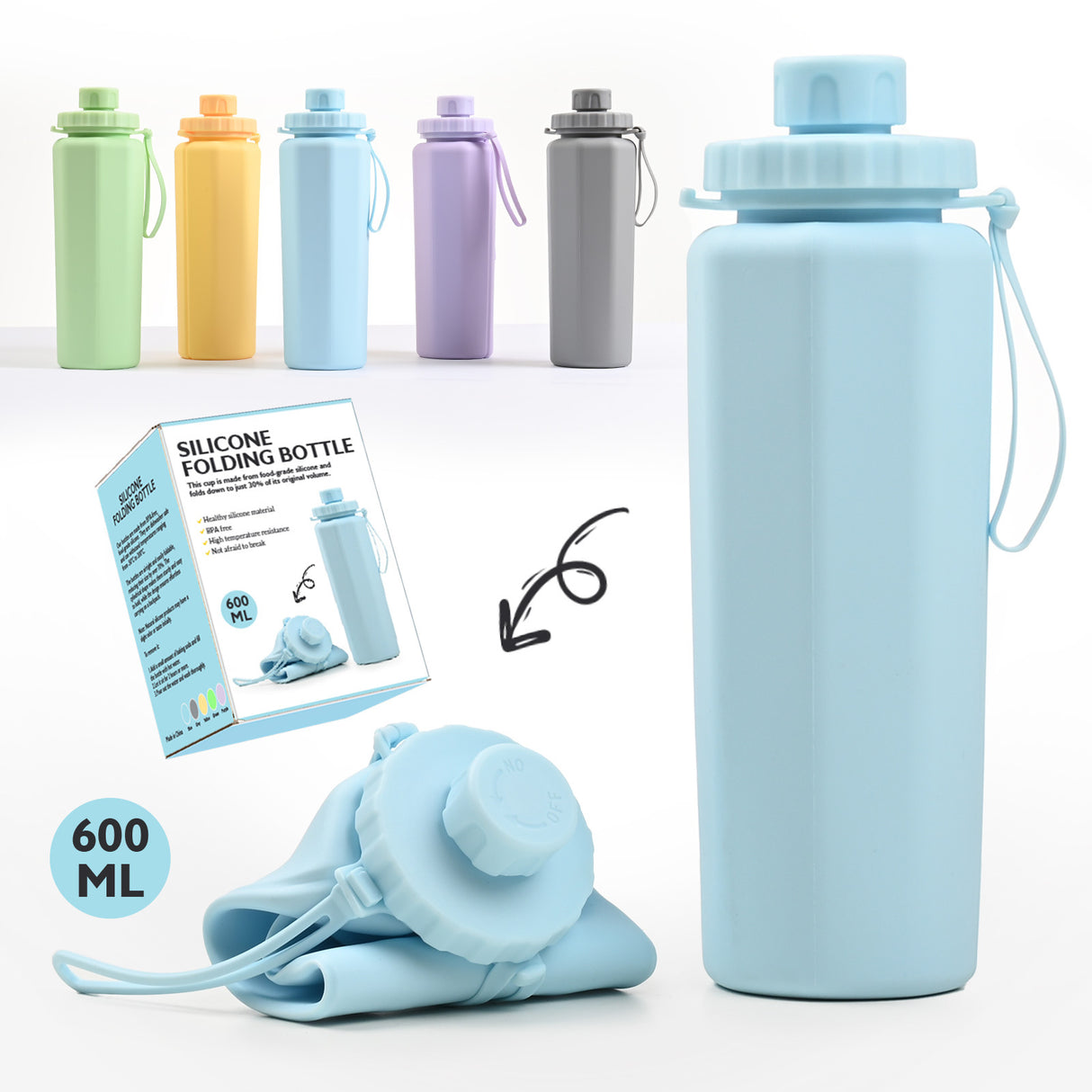 Yellow 600ml Silicone Collapsible Water Bottle - Portable and Eco-Friendly Hydration Solution