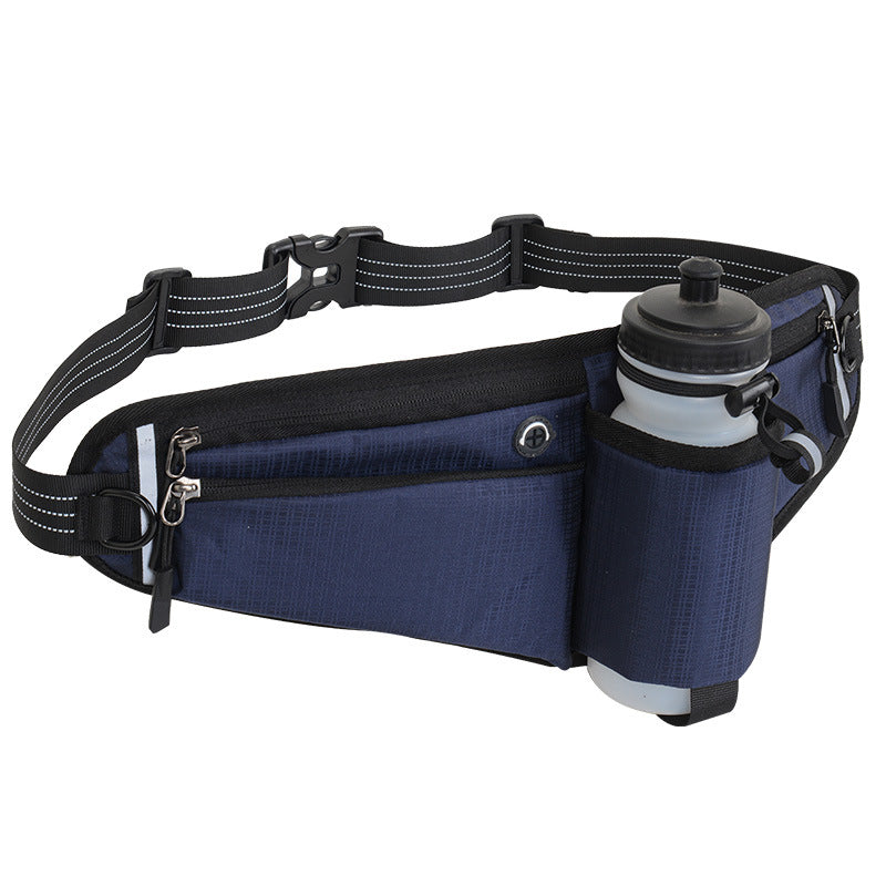 Dark Blue Adjustable Running Waist Pack with Water Bottle Holder, Reflective Design, and Multiple Storage Pockets for Outdoor Activities