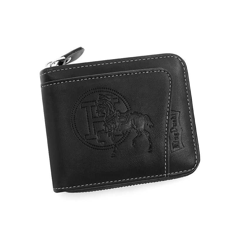 Black Men's Leather Wallet with Zipper and Horse Embossed Design -  Compact and Stylish