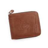 Brown Men's Leather Wallet with Zipper and Horse Embossed Design -  Compact and Stylish