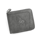 Grey Men's Leather Wallet with Zipper and Horse Embossed Design -  Compact and Stylish