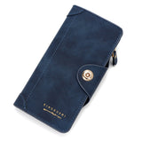 Blue Women's Long Zipper Wallet with Button Closure - PU Leather Multi-Compartment Clutch Purse